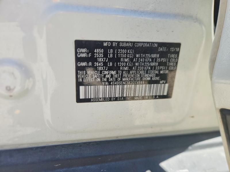 2019 Subaru Outback მანქანა იყიდება აუქციონზე, vin: 4S4BSENC5K3274844, აუქციონის ნომერი: 56808356