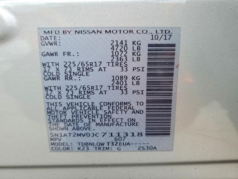 2018 Nissan Rogue მანქანა იყიდება აუქციონზე, vin: 5N1AT2MV0JC711318, აუქციონის ნომერი: 56070696