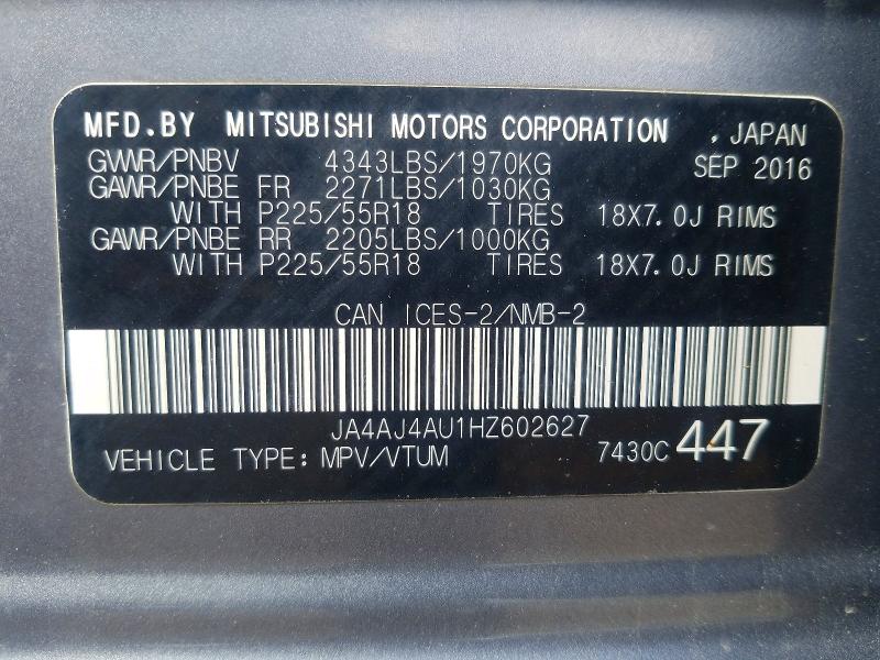 2017 Mitsubishi Rvr მანქანა იყიდება აუქციონზე, vin: JA4AJ4AU1HZ602627, აუქციონის ნომერი: 56313766