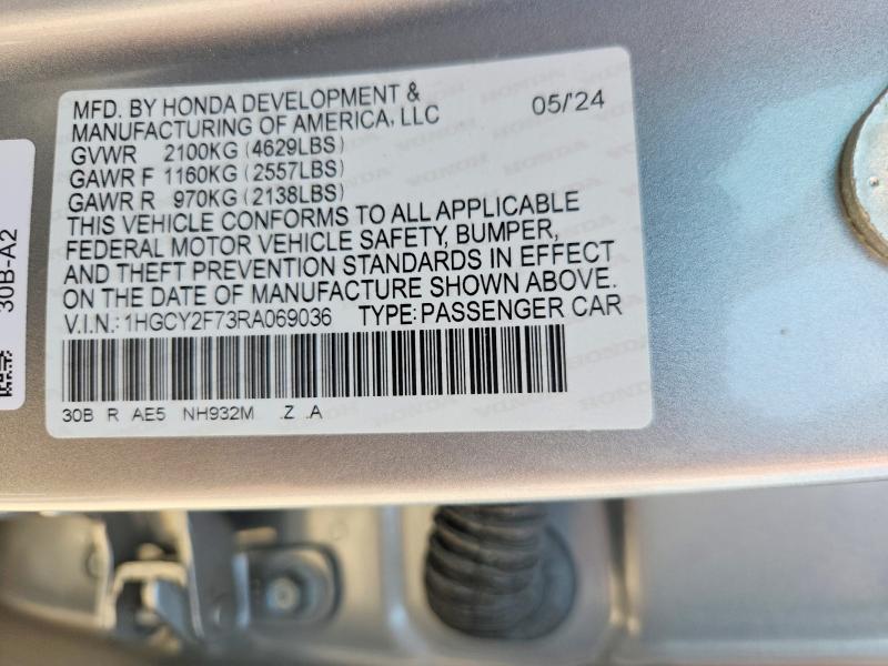 2024 Honda Accord მანქანა იყიდება აუქციონზე, vin: 1HGCY2F73RA069036, აუქციონის ნომერი: 58313866
