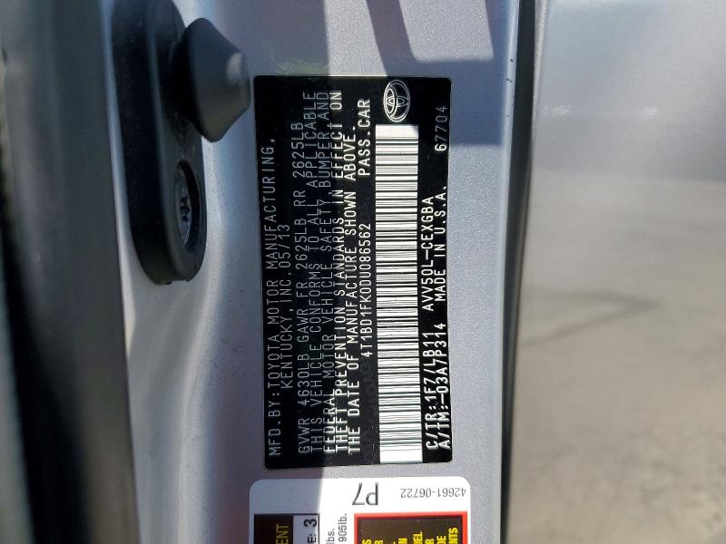 2013 Toyota Camry Hybrid მანქანა იყიდება აუქციონზე, vin: 4T1BD1FK0DU086562, აუქციონის ნომერი: 55841016