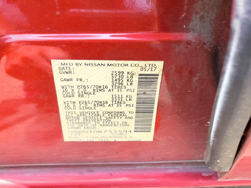 57037336 :رقم المزاد ، 1N6DD0ER2HN755594 vin ، 2017 Nissan Frontier مزاد بيع