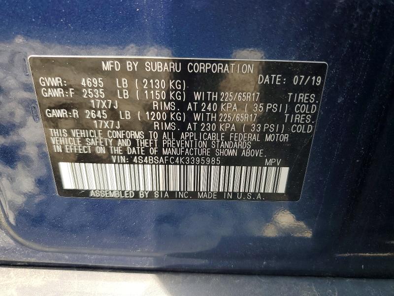 Aukcja sprzedaży 2019 Subaru Outback, vin: 4S4BSAFC4K3395985, numer aukcji: 58390686