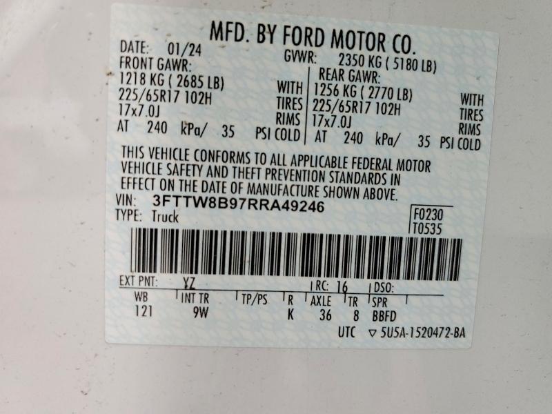 2024 Ford Maverick მანქანა იყიდება აუქციონზე, vin: 3FTTW8B97RRA49246, აუქციონის ნომერი: 55672516