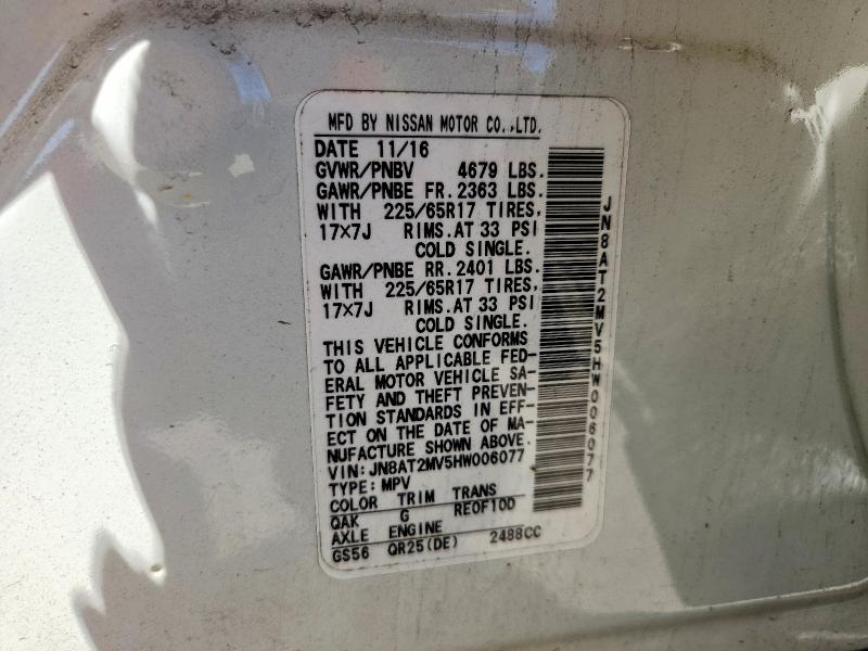 57326486 :رقم المزاد ، JN8AT2MV5HW006077 vin ، 2017 Nissan Rogue مزاد بيع