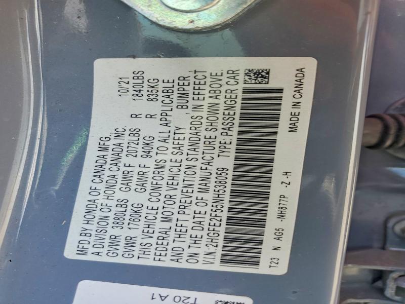 55845716 :رقم المزاد ، 2HGFE2F55NH538059 vin ، 2022 Honda Civic مزاد بيع