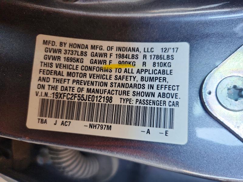 2018 Honda Civic მანქანა იყიდება აუქციონზე, vin: 19XFC2F55JE012198, აუქციონის ნომერი: 55735726