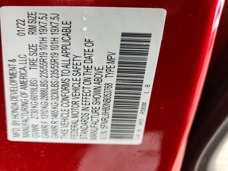 Aukcja sprzedaży 2022 Honda Odyssey, vin: 5FNRL6H80NB053768, numer aukcji: 56945606