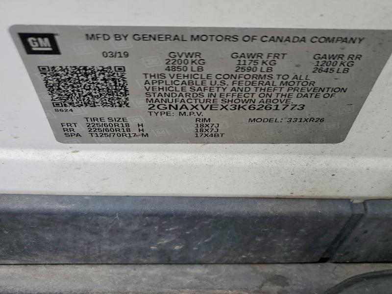 58437936 :رقم المزاد ، 2GNAXVEX3K6261773 vin ، 2019 Chevrolet Equinox مزاد بيع