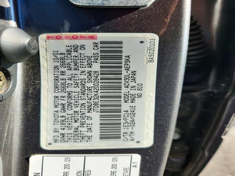 Aukcja sprzedaży 2002 Toyota Camry, vin: JTDBE32K420028428, numer aukcji: 57192976