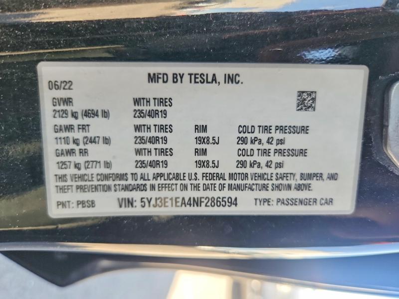 2022 Tesla Model 3 მანქანა იყიდება აუქციონზე, vin: 5YJ3E1EA4NF286594, აუქციონის ნომერი: 55919526