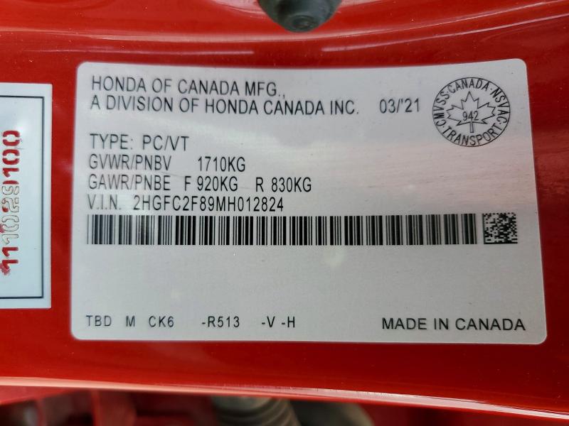 2021 Honda Civic მანქანა იყიდება აუქციონზე, vin: 2HGFC2F89MH012824, აუქციონის ნომერი: 57363916