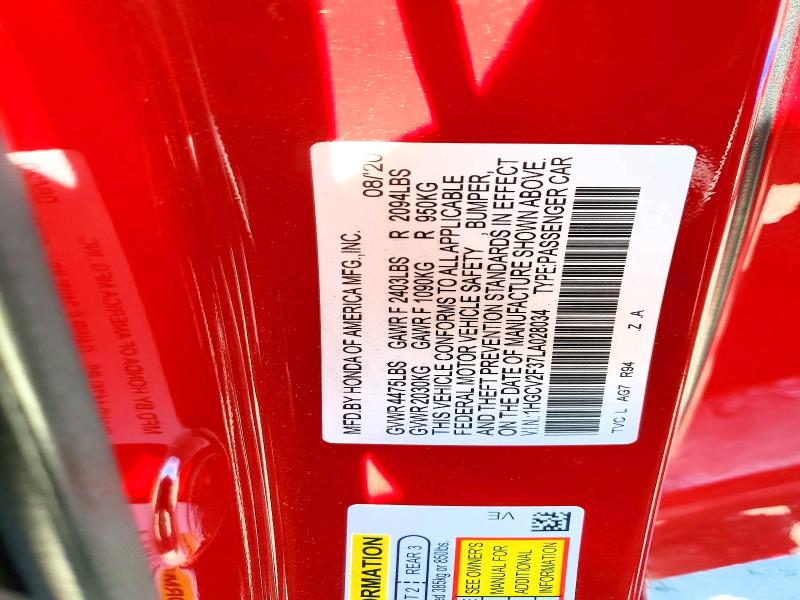 57887446 :رقم المزاد ، 1HGCV2F37LA028034 vin ، 2020 Honda Accord مزاد بيع