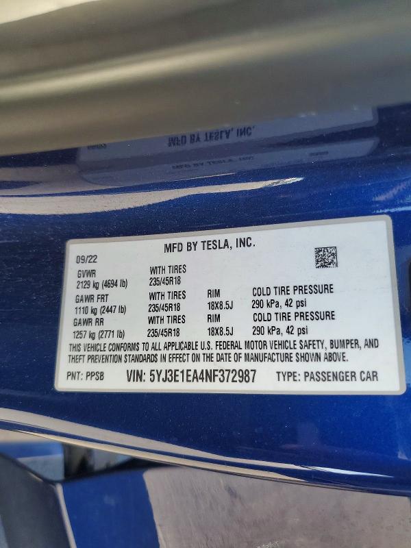 Продажа на аукционе авто 2022 Tesla Model 3, vin: 5YJ3E1EA4NF372987, номер лота: 56710856