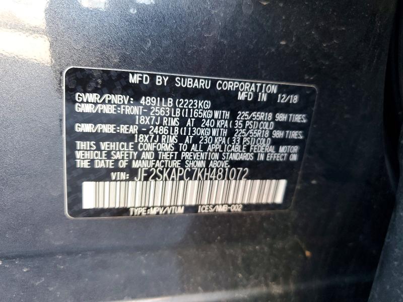 Продажа на аукционе авто 2019 Subaru Forester, vin: JF2SKAPC7KH481072, номер лота: 55382586