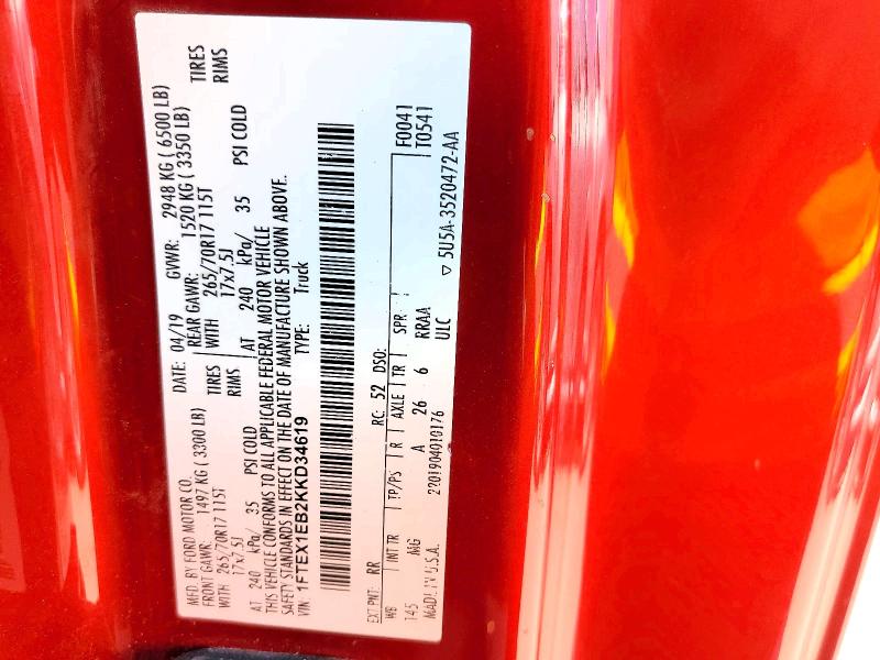 58142646 :رقم المزاد ، 1FTEX1EB2KKD34619 vin ، 2019 Ford F150 مزاد بيع