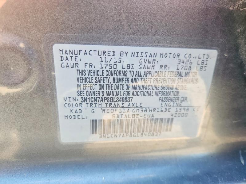 58255456 :رقم المزاد ، 3N1CN7AP8GL840837 vin ، 2016 Nissan Versa مزاد بيع