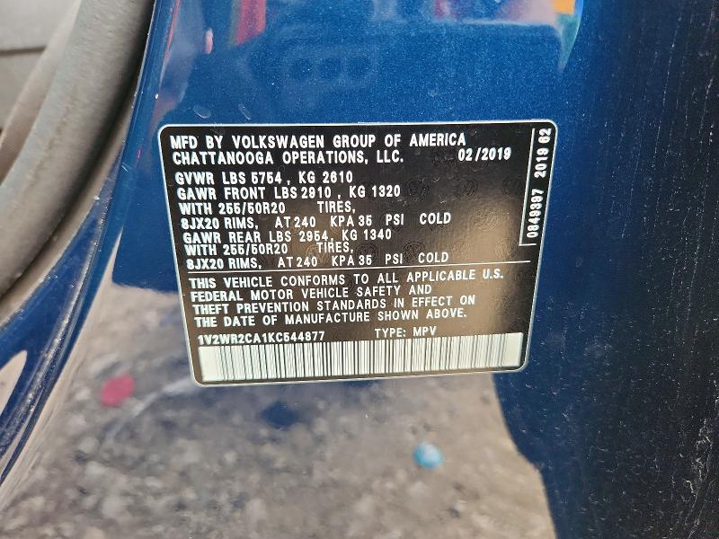 Продажа на аукционе авто 2019 Volkswagen Atlas, vin: 1V2WR2CA1KC544877, номер лота: 57895596