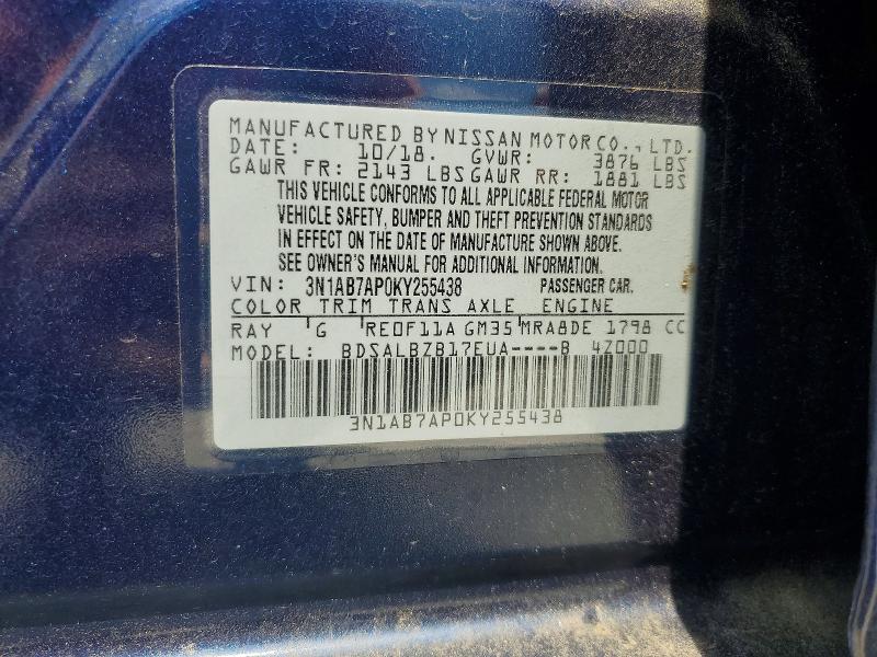 56863836 :رقم المزاد ، 3N1AB7AP0KY255438 vin ، 2019 Nissan Sentra مزاد بيع