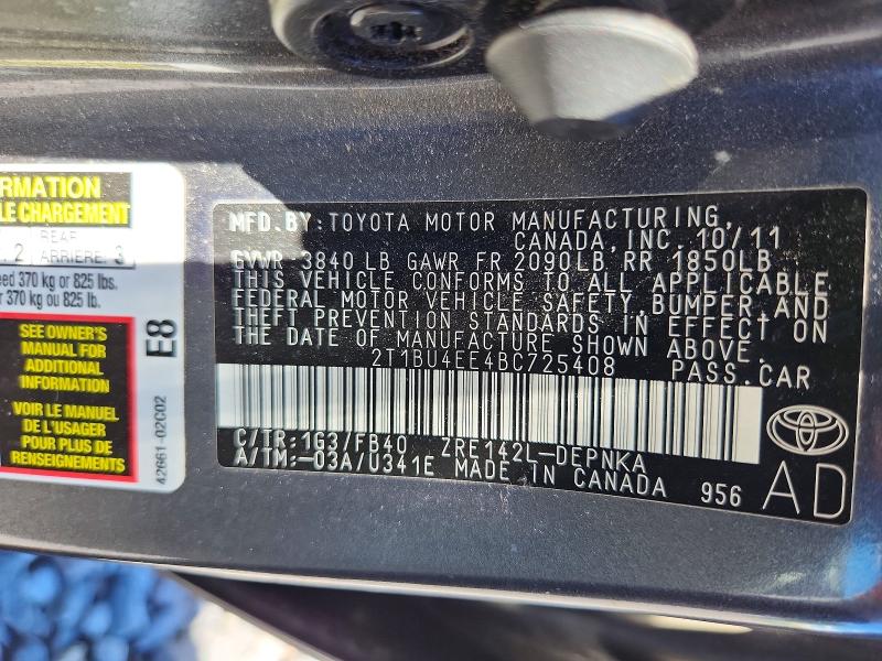 2011 Toyota Corolla მანქანა იყიდება აუქციონზე, vin: 2T1BU4EE4BC725408, აუქციონის ნომერი: 58389456