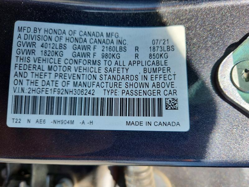 Продаж на аукціоні авто 2022 Honda Civic, vin: 2HGFE1F92NH306242, номер лоту: 58798796