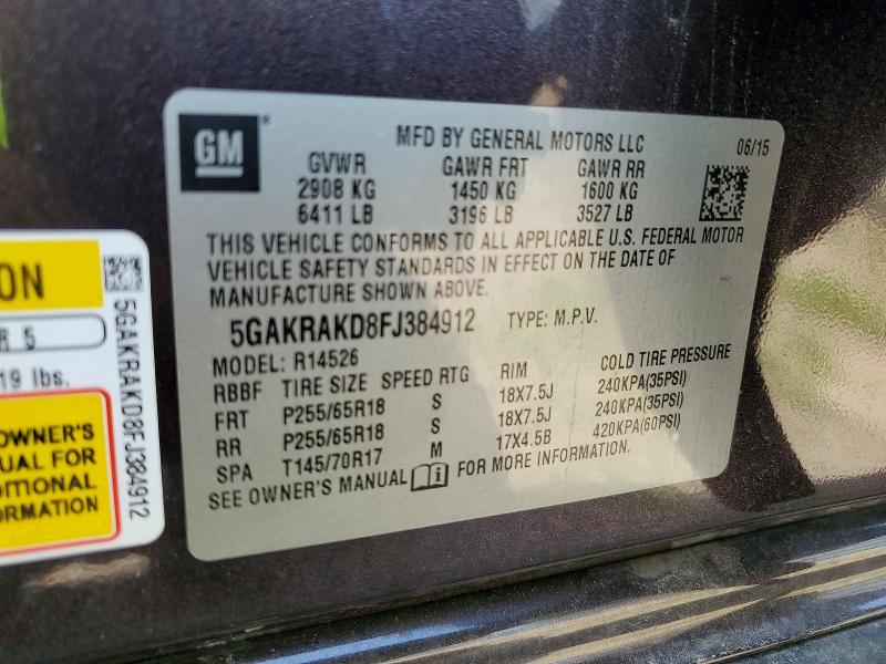 2015 Buick Enclave მანქანა იყიდება აუქციონზე, vin: 5GAKRAKD8FJ384912, აუქციონის ნომერი: 58425566