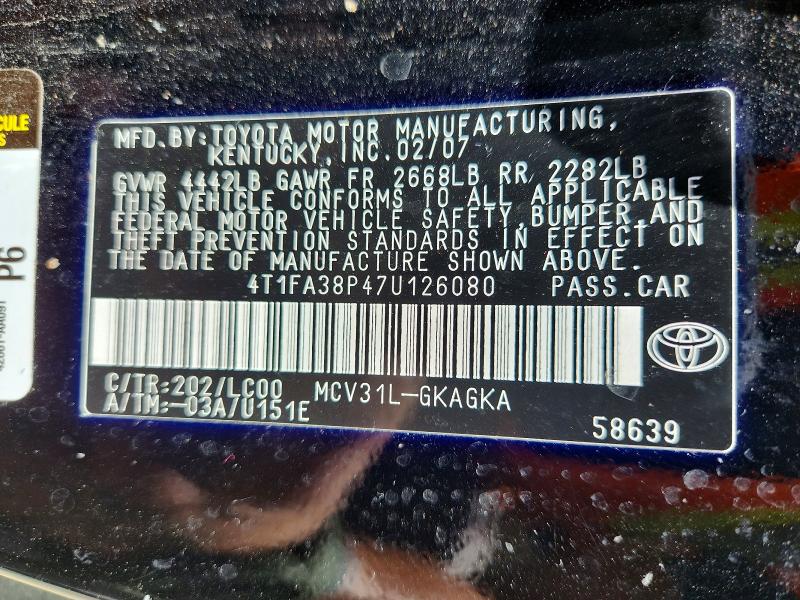 57210916 :رقم المزاد ، 4T1FA38P47U126080 vin ، 2007 Toyota Camry Solara مزاد بيع