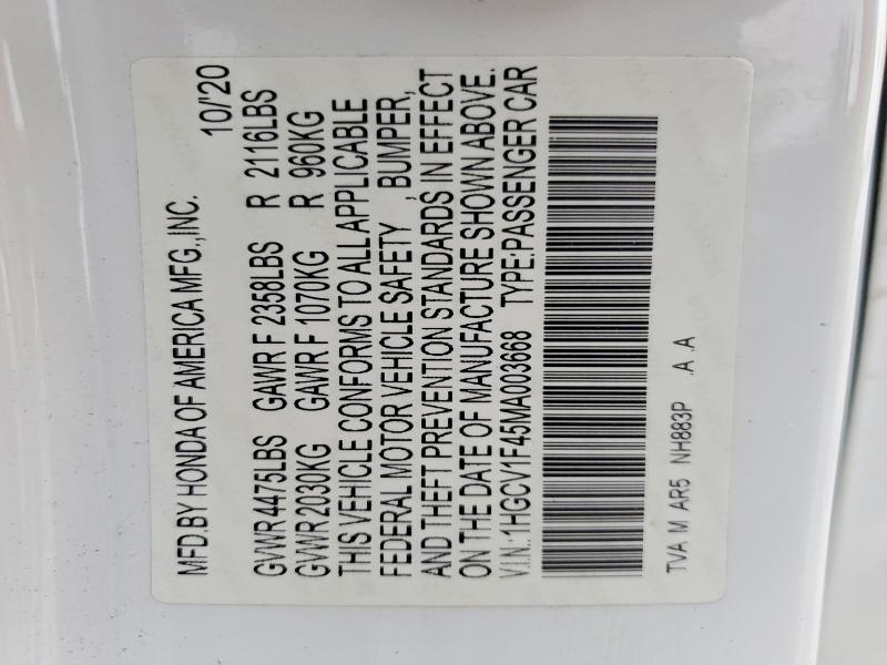 Продаж на аукціоні авто 2021 Honda Accord, vin: 1HGCV1F45MA003668, номер лоту: 57088786