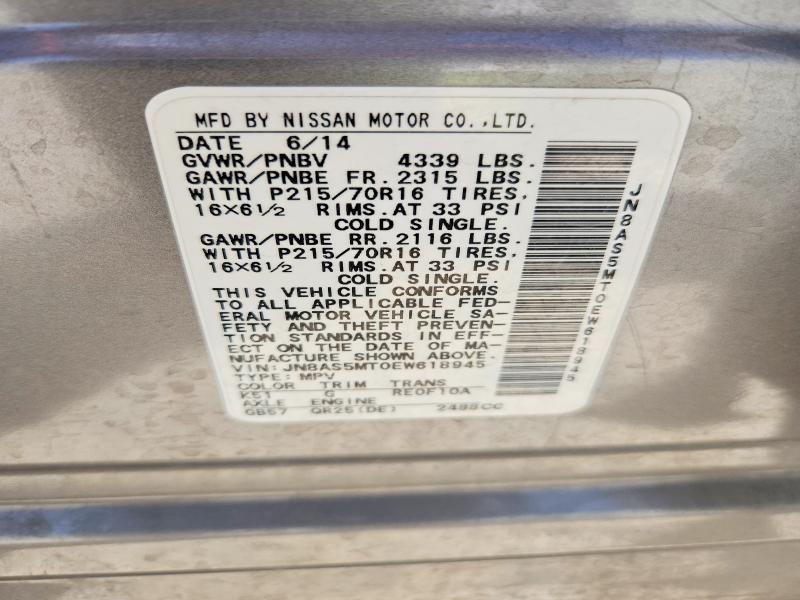 54177696 :رقم المزاد ، JN8AS5MT0EW618945 vin ، 2014 Nissan Rogue Select مزاد بيع
