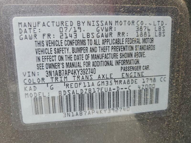 56704916 :رقم المزاد ، 3N1AB7AP4KY392740 vin ، 2019 Nissan Sentra مزاد بيع