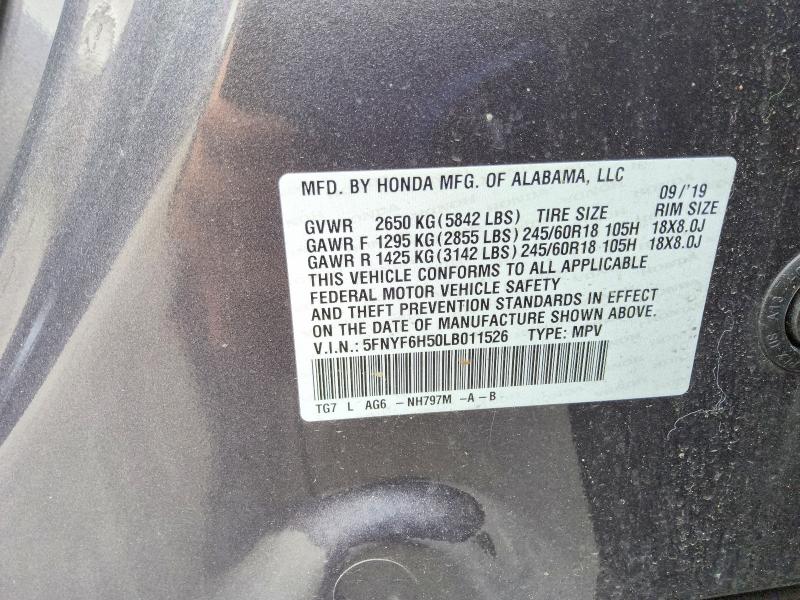 Продажа на аукционе авто 2020 Honda Pilot, vin: 5FNYF6H50LB011526, номер лота: 55917326