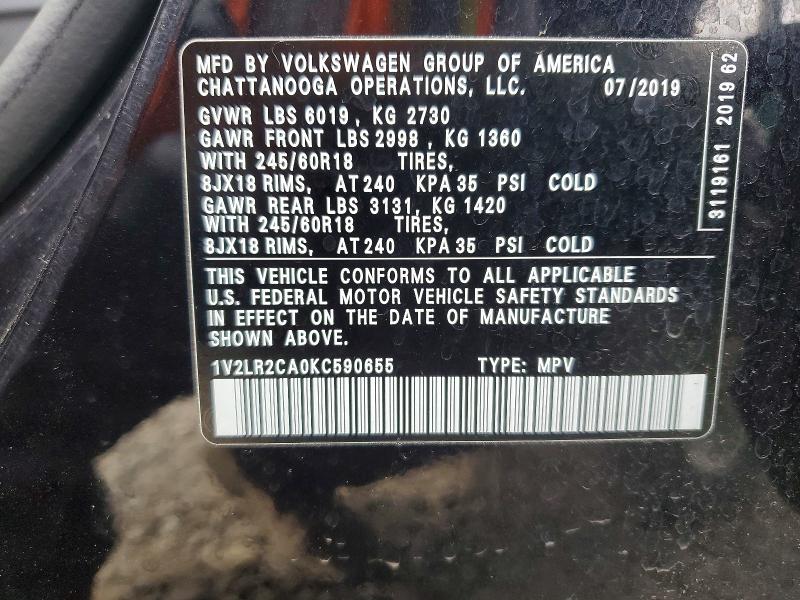 58059896 :رقم المزاد ، 1V2LR2CA0KC590655 vin ، 2019 Volkswagen Atlas مزاد بيع