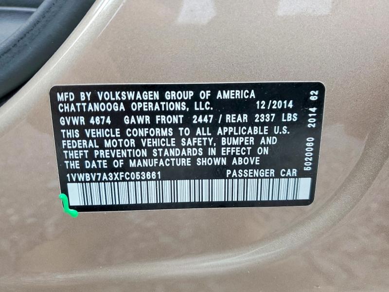 Продаж на аукціоні авто 2015 Volkswagen Passat, vin: 1VWBV7A3XFC053661, номер лоту: 58230776