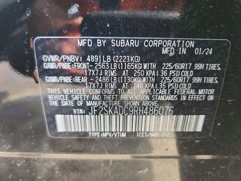 Aukcja sprzedaży 2024 Subaru Forester, vin: JF2SKADC9RH486076, numer aukcji: 58431176
