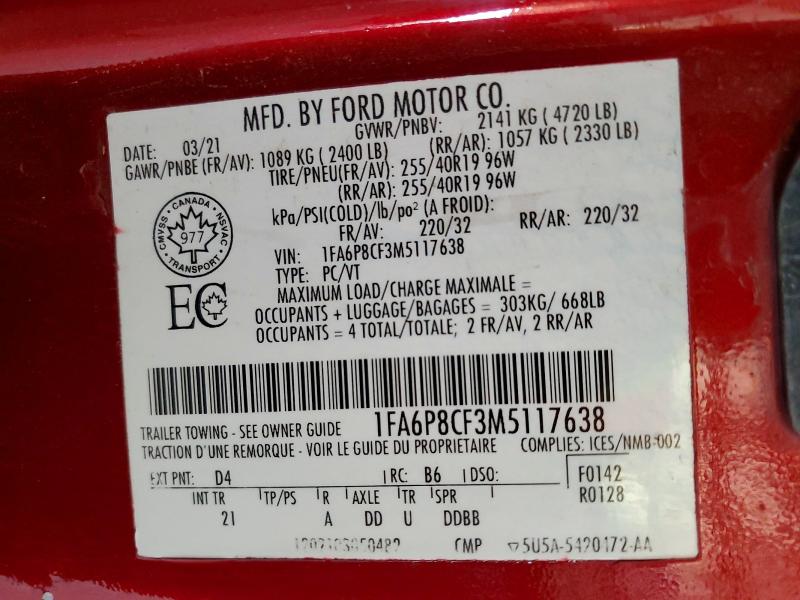 Auction sale of the 2021 Ford Mustang, vin: 1FA6P8CF3M5117638, lot number: 57610836