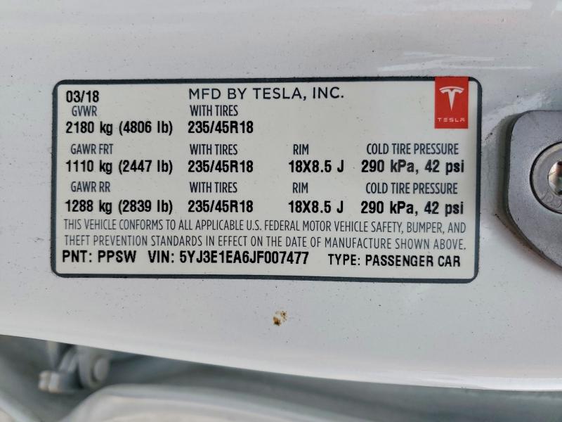 2018 Tesla Model 3 მანქანა იყიდება აუქციონზე, vin: 5YJ3E1EA6JF007477, აუქციონის ნომერი: 56128836