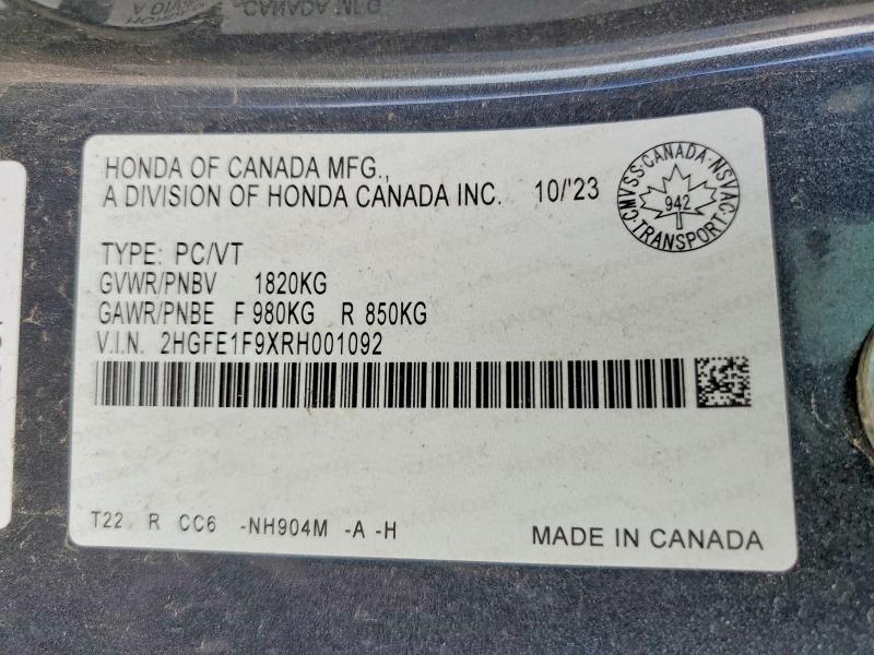 Продаж на аукціоні авто 2024 Honda Civic, vin: 2HGFE1F9XRH001092, номер лоту: 56644506