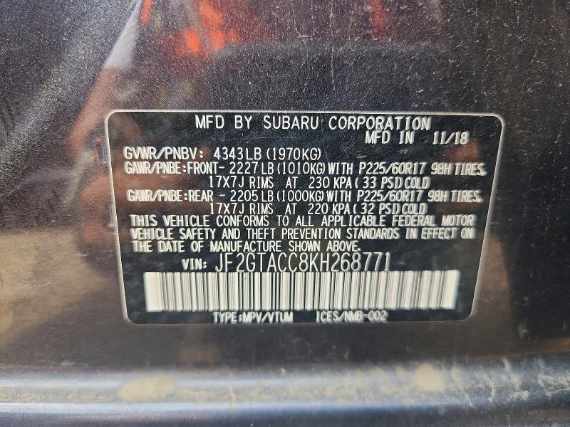 Aukcja sprzedaży 2019 Subaru Crosstrek, vin: JF2GTACC8KH268771, numer aukcji: 59191566
