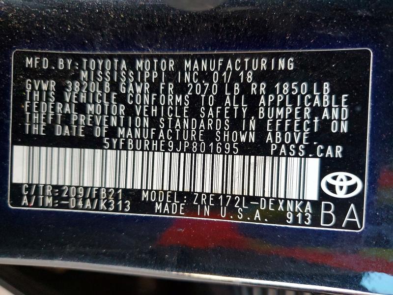 Auction sale of the 2018 Toyota Corolla, vin: 5YFBURHE9JP801695, lot number: 55708626