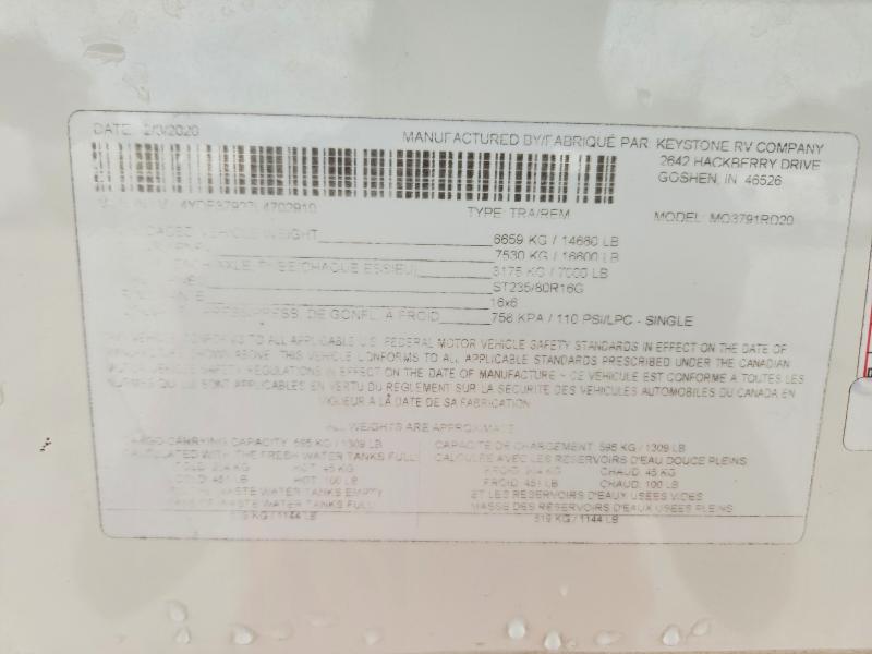 Продажа на аукционе авто 2020 Dutchman 3791rd, vin: 4YDF37927L4702910, номер лота: 55969926