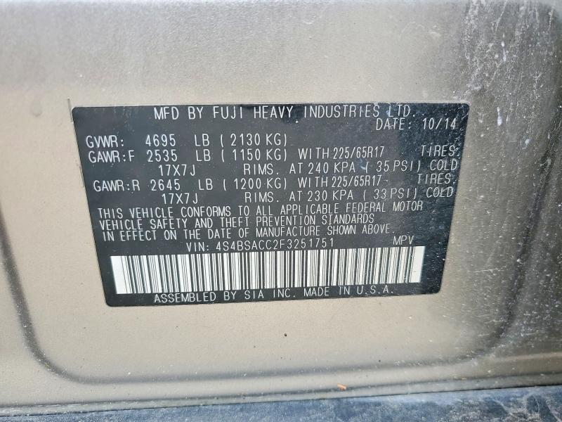 Продаж на аукціоні авто 2015 Subaru Outback, vin: 4S4BSACC2F3251751, номер лоту: 57156606