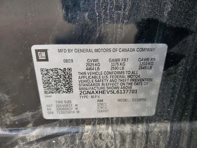 2020 Chevrolet Equinox მანქანა იყიდება აუქციონზე, vin: 2GNAXHEV5L6137781, აუქციონის ნომერი: 57006166