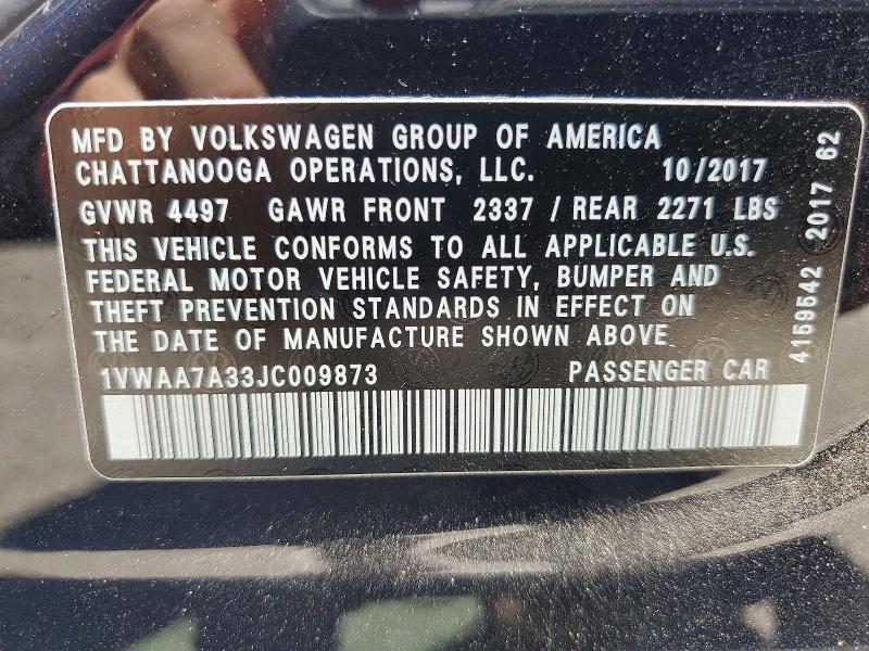 2018 Volkswagen Passat მანქანა იყიდება აუქციონზე, vin: 1VWAA7A33JC009873, აუქციონის ნომერი: 56661736