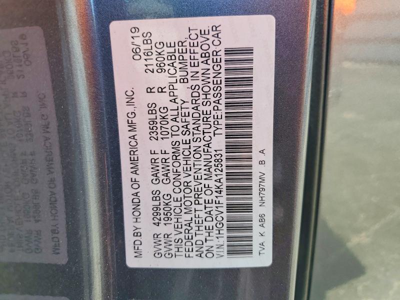 57840616 :رقم المزاد ، 1HGCV1F14KA125831 vin ، 2019 Honda Accord مزاد بيع