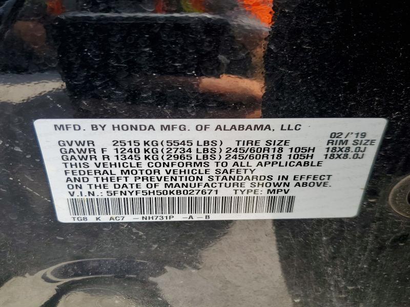 Продажа на аукционе авто 2019 Honda Pilot, vin: 5FNYF5H50KB027671, номер лота: 56353476