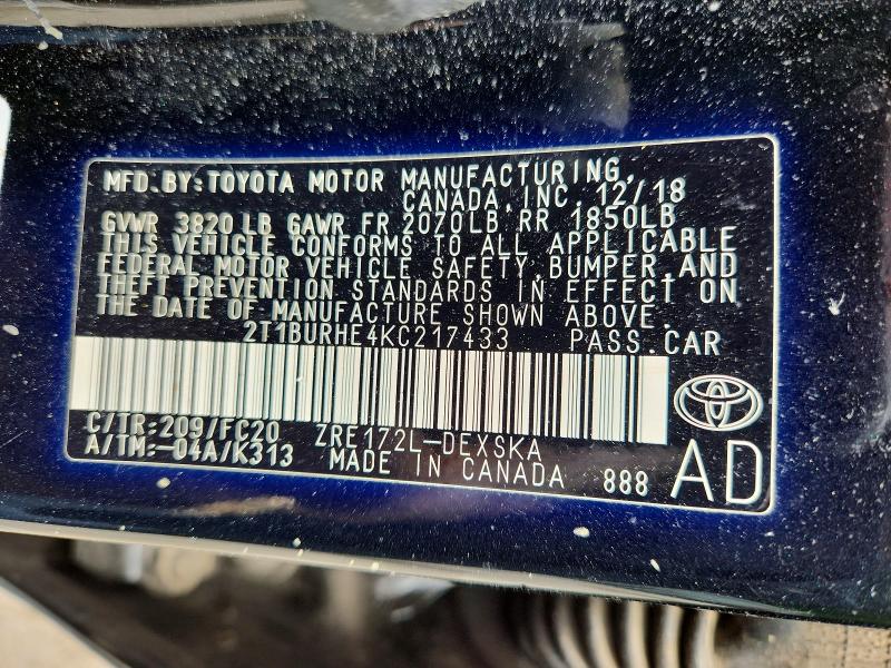 58985426 :رقم المزاد ، 2T1BURHE4KC217433 vin ، 2019 Toyota Corolla مزاد بيع