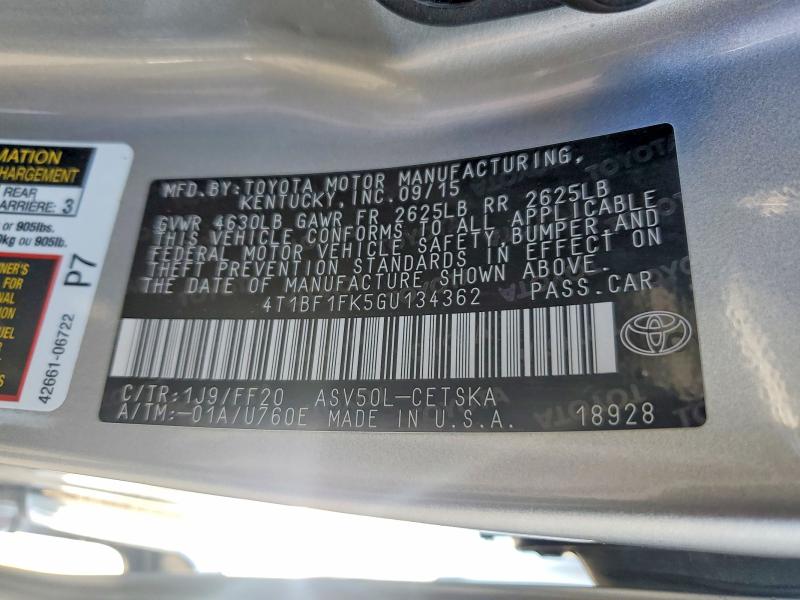 2016 Toyota Camry მანქანა იყიდება აუქციონზე, vin: 4T1BF1FK5GU134362, აუქციონის ნომერი: 97685855