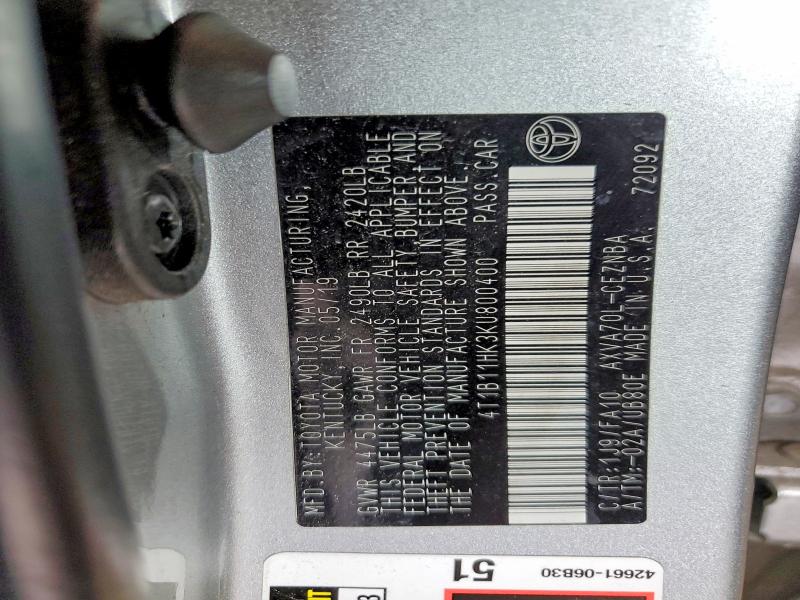 Продаж на аукціоні авто 2019 Toyota Camry, vin: 4T1B11HK3KU800400, номер лоту: 56344746
