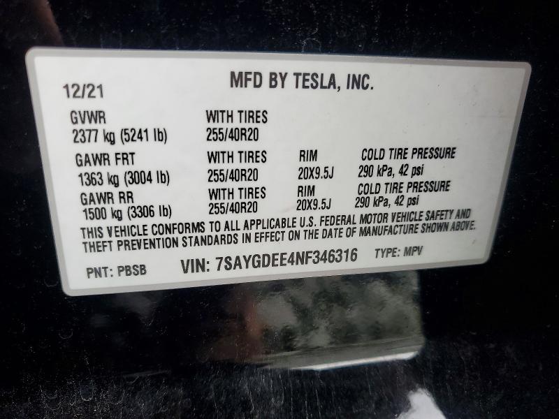 55478556 :رقم المزاد ، 7SAYGDEE4NF346316 vin ، 2022 Tesla Model Y مزاد بيع