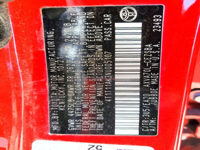 2022 Toyota Camry მანქანა იყიდება აუქციონზე, vin: 4T1T11AK3NU005107, აუქციონის ნომერი: 57738186